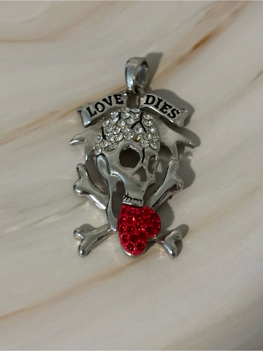 🛍️Love Dies Skull & Heart Pendant - Silver with Red and Clear Crystals 2-1/8”